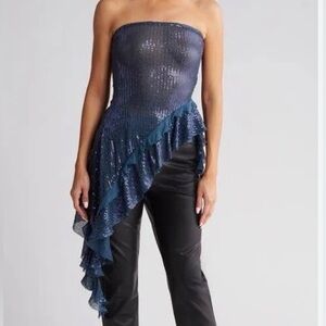 FREE PEOPLE TAYLOR SEQUINS TUBE TOP BLUE MERMAID STYLE ASYMMETRICAL SUMMER TOP